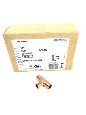 Qty-50 NIBCO Tee 611-5/16 Wrot Copper Pressure Fitting CxCxC For 5/16 OD - Image 1 of 4