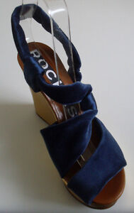 Rochas Paris Designer Blue Gold Metallic Platform Sandals Size EU 37 UK 4 US 6.5
