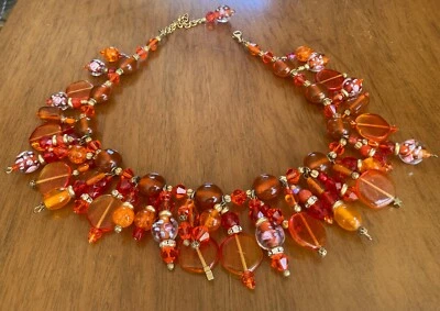 Art Glass Beaded Dangle Cha Cha Necklace Orange, Red, Amber, Venetian, 925 Clasp - Image 1 of 4