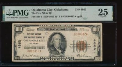 AC 1929 $100 First National Bank &TC of Oklahoma City, Oklahoma ch# 4862 PMG 25 - Image 1 of 2
