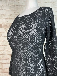 NEXT Tall Sz 12 Black Lace Net Top Blouse Sheer Gothic Long Sleeve - Picture 1 of 13