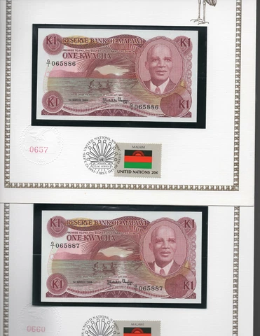 Malawi Banknote 1986 1 Kwacha P 19a UNC with UN FDI FLAG STAMP Consecutive Cover