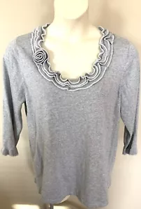 Quacker Factory RUFFLED SWEATER L 14-16 SEQUIN ROSE DETAIL Silver Gray TOP Large - Picture 1 of 2