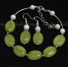 Natural 13X18mm Oval Gems Beads White Pearl Bangle Bracelet Earrings Set