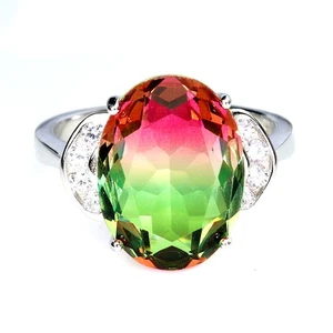 925 Sterling Silver Ring Oval Tourmaline Synthetic Watermelon 16x12mm Size 8.5 - Picture 1 of 14