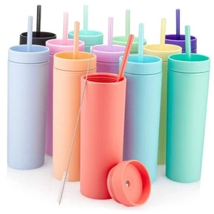 Multicolor Skinny Tumblers with Lids and Straws (12 pack) - 16oz Double Wall - Picture 1 of 7