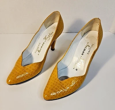Tacones de aguja Norman Kaplan Las Vegas de colección cuero amarillo naranja cocodrilo 6M Foto 1 de 4