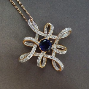 Beautiful Sapphire 925 Gold Tone 1.5" Knotted Cocktail Pendant on 20" Chain - Picture 1 of 4