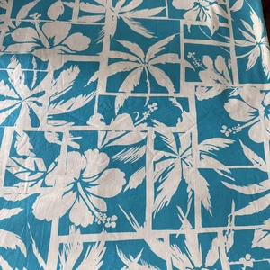 Hawaiian Print Turquoise and White Cotton Fabric 2+ yards Palm Trees Hibiscus - Picture 1 of 2