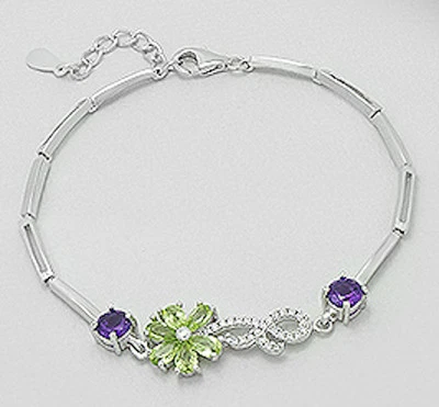 7.5" Solid Sterling Silver Sparkly Amethyst & Peridot Flower Bracelet 6.2g+12mm  - Image 1 of 2