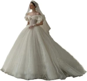 GREOENEL Amor Schulterfrei Perlen Tüll Spitze Schleife Ballkleid Brautkleider - Bild 1 von 5