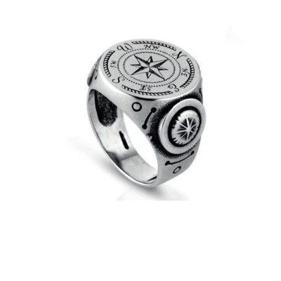 Anello uomo grande argento 925 rosa dei venti portafortuna anello misura 18 - Immagine 1 di 3