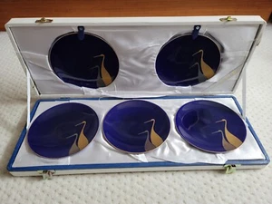 VTG NOS Japanese Fukagawa Arita Porcelain Plate Case Set of 5 Dark Blue, Cranes - Picture 1 of 9