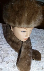 Vintage Brown Fur Set Pill Box Hat 20.5" Circumference & Collar 34" - Picture 1 of 18