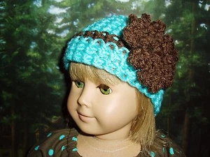 Sombrero gorro de crochet Aqua con flor marrón se adapta a la ropa de muñeca American Girl 18 - Imagen 1 de 2