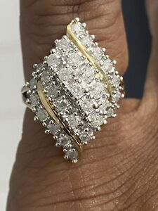10k Yellow Gold Women's 1CT Round Diamond Cluster Cocktail or Dinner Ring Size7