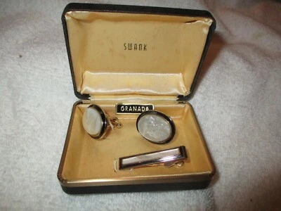 Vntg. Granada MOP CAMEO & Onxy "SWANK" Goldtone Cufflinks & Tie Bar Set w/Box - Image 1 of 3