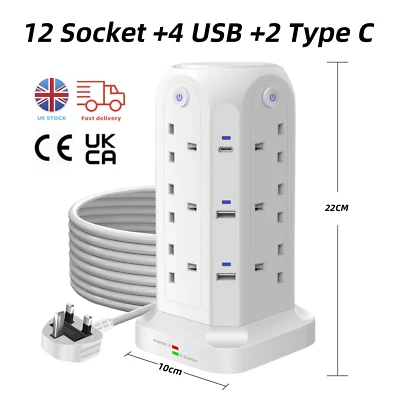 Tower Extension Lead 12 Socket 4 USB 2 Type C Indicator Surge Protection 2m long - Image 1 of 4