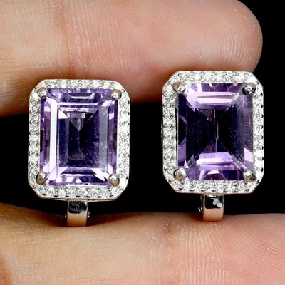 Pendientes de plata de ley 925 octágono amatista 10x8 mm joyas de piedras preciosas naturales Foto 1 de 4