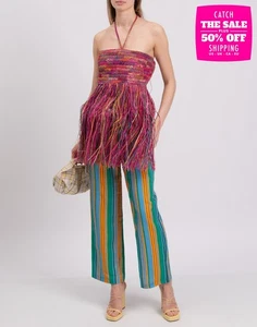 RRP€345 MADE FOR A WOMAN x MODES Crochet Rafia Top One Size Strappy Back Fringe - Picture 1 of 9