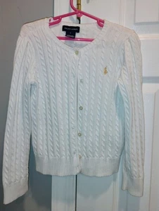 Ralph Lauren Girl’s White Button Down Cable Knit Cardigan Sweater Size 5 - Picture 1 of 4