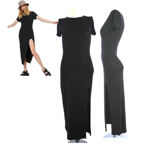 Black Tank Dress Midi Maxi Front Slit Short Sleeve Jersey Stretch Gothic size 10 - Picture 1 of 14