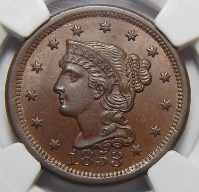 1853 NGC/CAC MS65BN BRAIDED HAIR LARGE CENT - Image 1 of 4