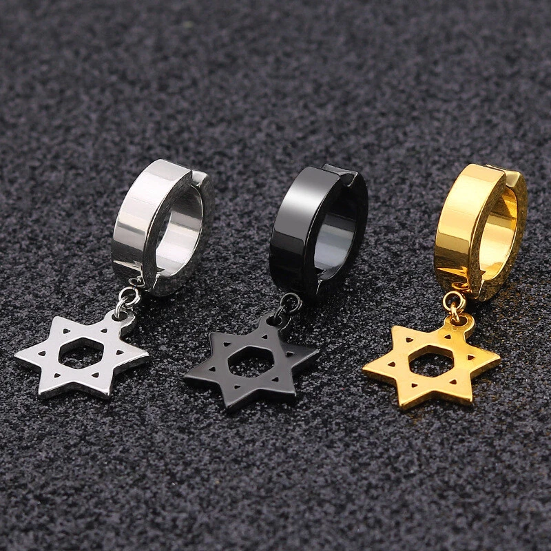 Creolen Hexagramm OHNE LOCH Edelstahl Damen Herren Ohrringe Ohrclips Stern - Bild 1 von 1