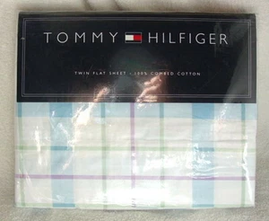 TOMMY HILFIGER TWIN Size Flat Cotton Bed Sheet LAVENDAR BLUES PLAID NEW NWT - Picture 1 of 1