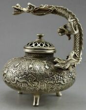 Collectible Decorated Handwork Tibet Silver Carved Dragon Incense Burner