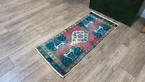 Pink Small Rug, Green Doormat, Small Turkish Rug, Wool Rug, 1.7x3.8 ft - Picture 1 of 10