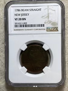 1786 New Jersey NGC VF20 Beam Straight Straight Plow Colonial Copper Coin - Picture 1 of 9