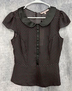 Review Size 10 Polk A Dot Cap Sleeve Blouse Faux Leather Trim Peter Pan Collar - Picture 1 of 9