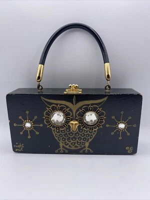 Vintage RARE Enid Collins 1967 *Night Owl”  Black Wooden Box Purse With Mirror - Image 1 of 4