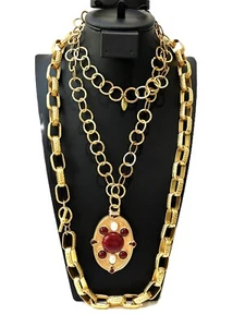 CHICOS HAMMERED CIRCLE LINK FAUX CARNELIAN PEARL MEDALLION PENDANT NECKLACES (2) - Picture 1 of 6