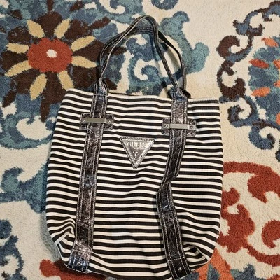 Guess Large Hobo Bag American Dream Blue Striped Canvas & Leather Handbag - Image 1 of 3