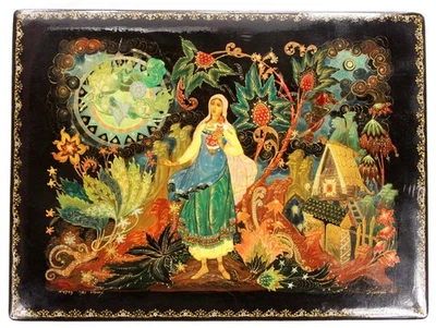 Caja de baratijas grande vintage de laca rusa pintada a mano cuento de hadas Rusia 11"X8" Foto 1 de 4
