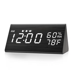 Digital Alarm Clock, Wooden LED Display, 3 Alarms, Temperature & Humidity, Black - Picture 1 of 7