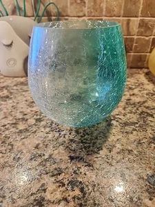 BEAUTIFUL! Vintage Teal and Clear Crackle Art Glass Bowl 7" Tall  - Picture 1 of 10