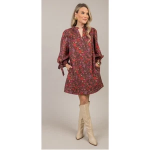 Entro Hopeless Wanderer Dress Brown tie Burgundy Floral Western Boho L cotton - Picture 1 of 6