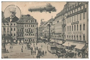 Y1329/ Dresden Graf Zeppelin mit seinem Luftschiff, Straßenbahn AK 1913 - Picture 1 of 2