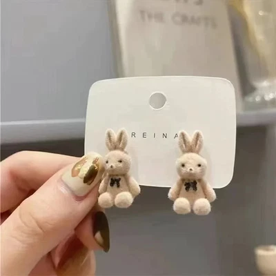 Aretes de peluche animal conejo oso Kawaii marrón caqui joyería coreana 1 par Foto 1 de 4
