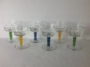Six Cordial/Liquor Clear Cut Glass Goblets colored Stems - Picture 1 of 7