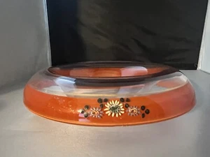 Vintage Pink glass console fruit bowl enamel flowers reverse painted orange - Picture 1 of 20