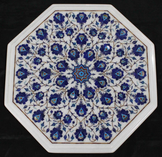 18" Marble Table Top Lapis Inlay Pietra dura​ Work Home Decor And Garden - Image 1 of 1
