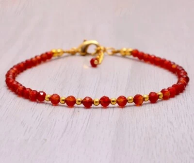 A++ Delicadas pulseras hechas a mano con cuentas redondas facetadas de cornalina de 2-3 mm 6-8"" Foto 1 de 4