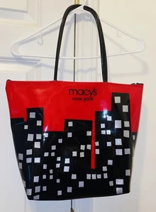 Macy's New York Red & Black City Silhouette Vinyl Tote Bag W/Zipper 15”x13.5x4.5 - Picture 1 of 7