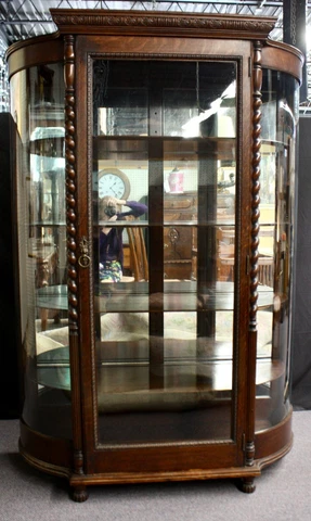 Antique Mahogany Curved Glass Front, Carved Display Cabinet Full Back Mirror Cover