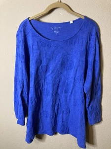 Chicos Top Womens Sz 3 Royal Blue Knit Embroidered Floral 3/4 Sleeve - Picture 1 of 8