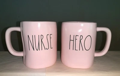 Rae Dunn Double-Sided NURSE HERO Pink Mug ~ New ~ Coffee Tea Black Letters - Image 1 of 4